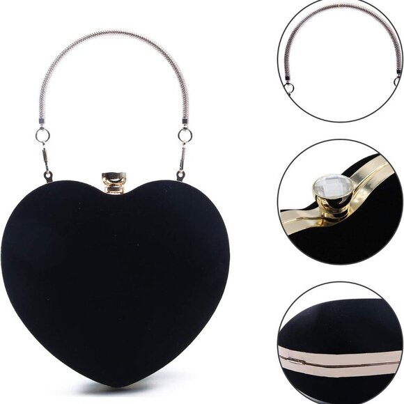 Womens Heart Shape Evening Bag Purse Velvet Party Tote Mini Handbag Clutch Chain - Picture 4 of 6
